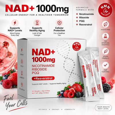NAD+ 1000mg - Suplemento Avanzado de Energía Celular con Resveratrol (30 Sobres)